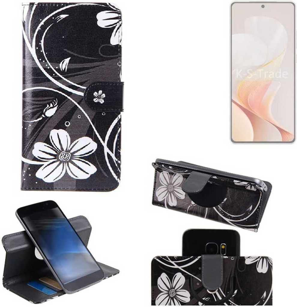 K-S-Trade Schutzhülle Handyhülle kompatibel mit Vivo S19 Hülle 360° Wallet Case “Flowers“ Klapphülle Hülle schwarz-weiß 1x