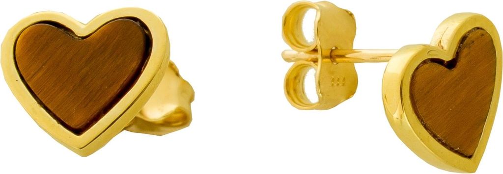Herz Ohrstecker Gelbgold 333 8K braune Natur Tigerauge Edelsteine