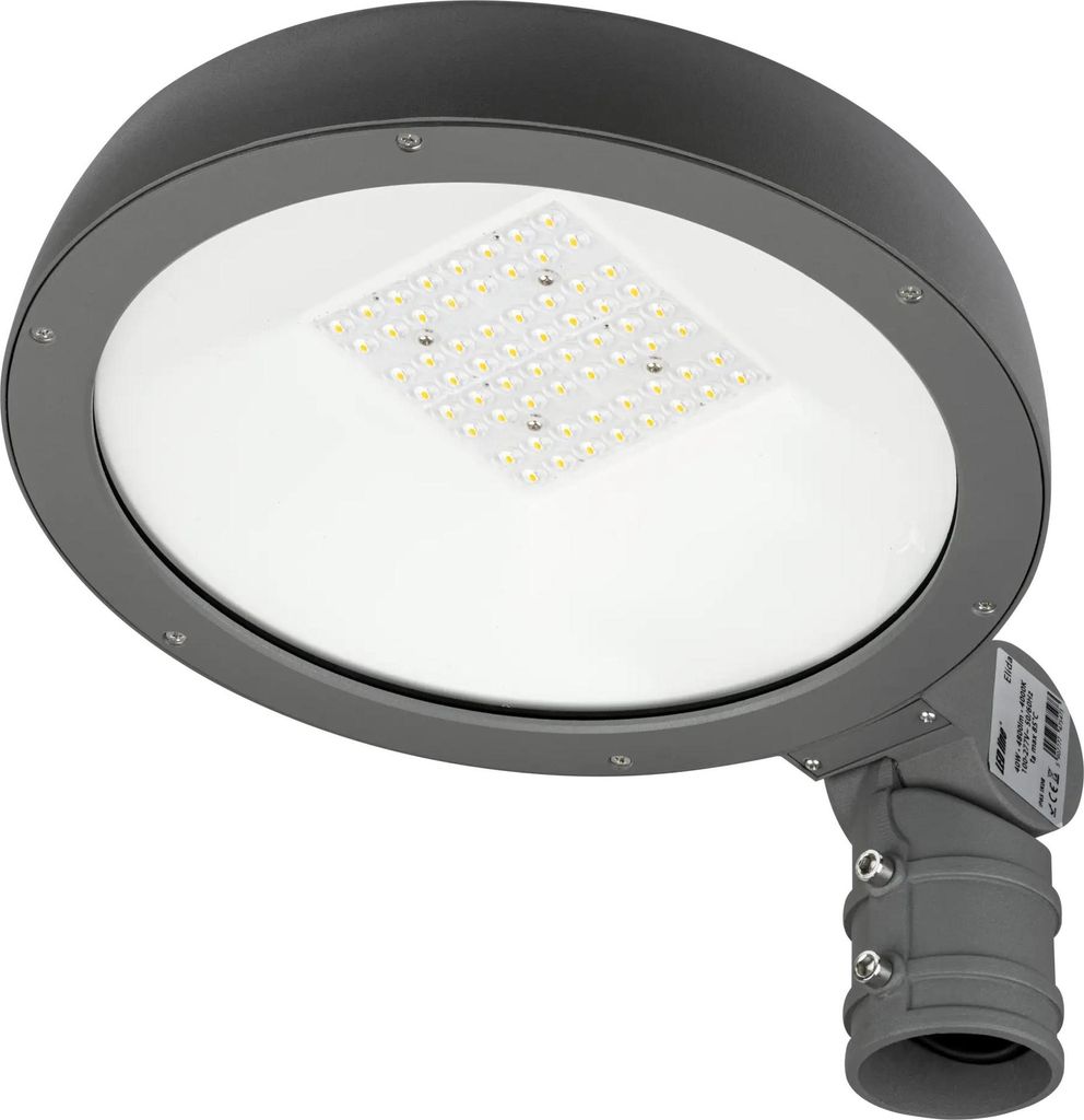 A close-up, studio shot of a gray LED street light.