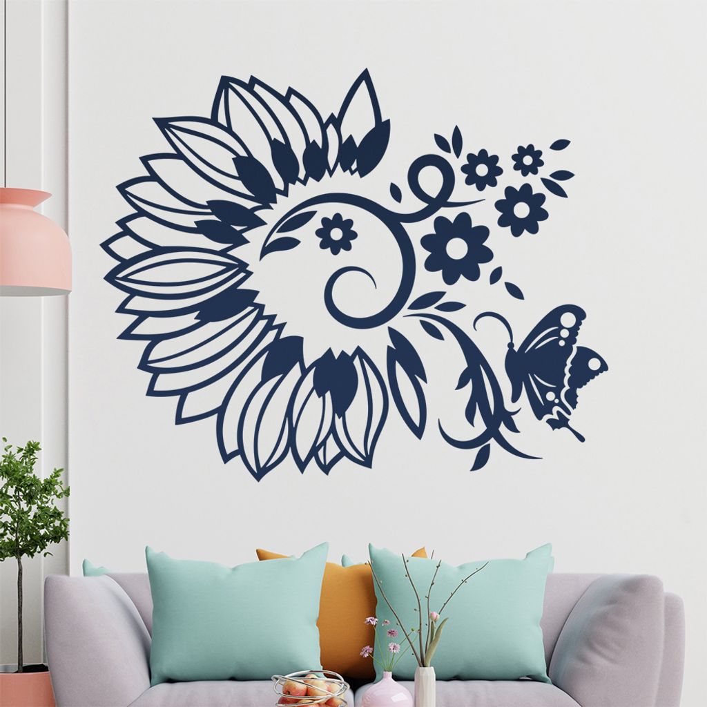 Falter Schmetterling Blüte Wandtattoo in 6 Größen - Wandaufkleber Wall Sticker - Dekoration, Küche, Wohnzimmer, Schlafzimmer, Badezimmer