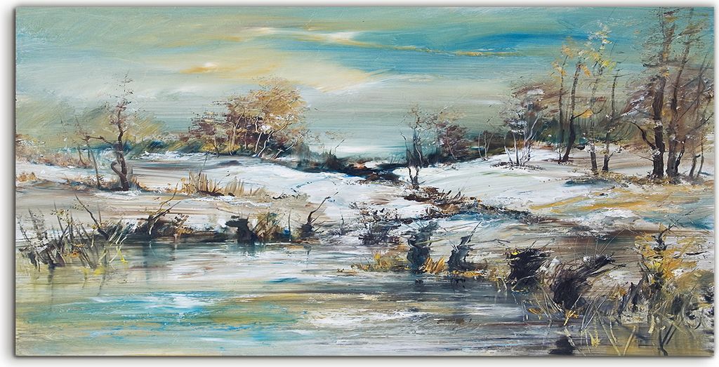 Coloray Canvas 140x70 Wandbild Leinwand Bilder Wald Winterlandschaft mit Bach & Teich