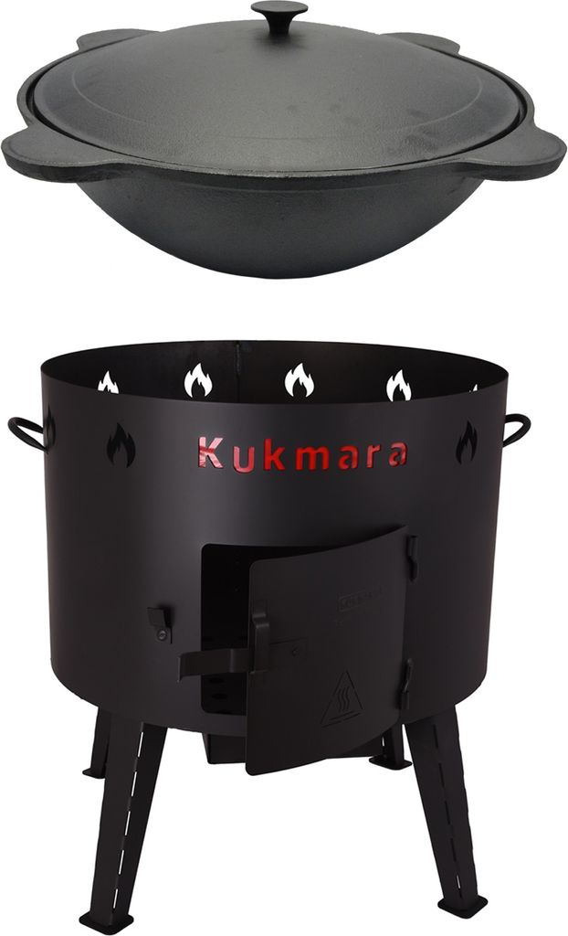 Set Utschak, 49 cm + 19 Liter Kasan Kazan aus MASSIVEN Gusseisen Feldküche Gulasch-Kessel Feuer-Ofen Outdoor