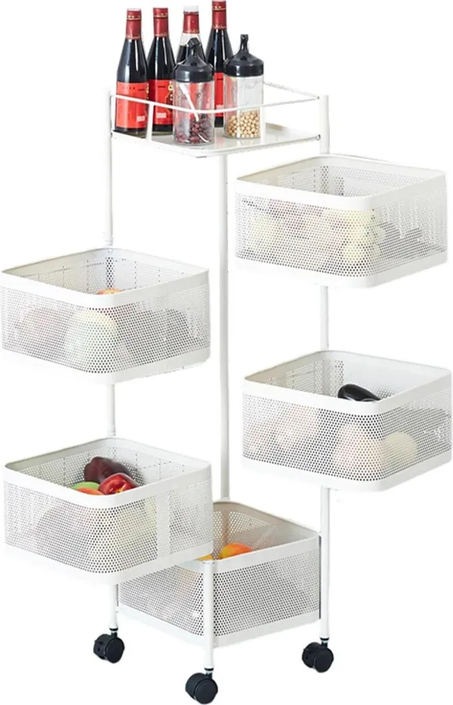 Organizer Cucina 5 Cestelli Rotanti Portafrutta Bianco con Ruote