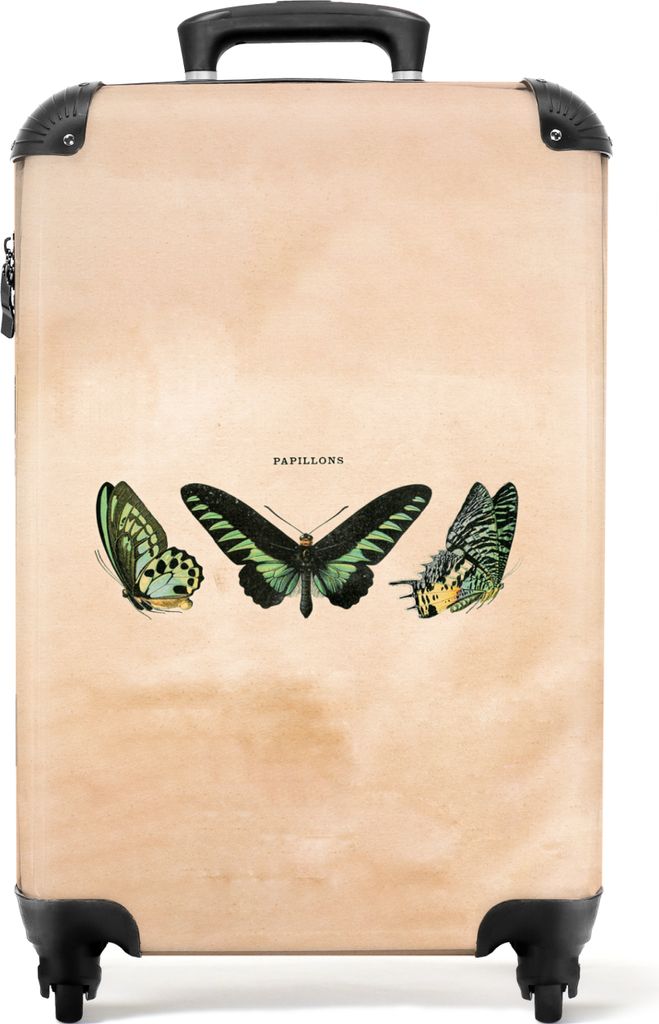 NoBoringSuitcases.com Koffer Handgepäck Trolley Rollkoffer Kleine Reisekoffer mit 4 Rollen - Schmetterling - Grün - Vintage - Illustration - Ku...