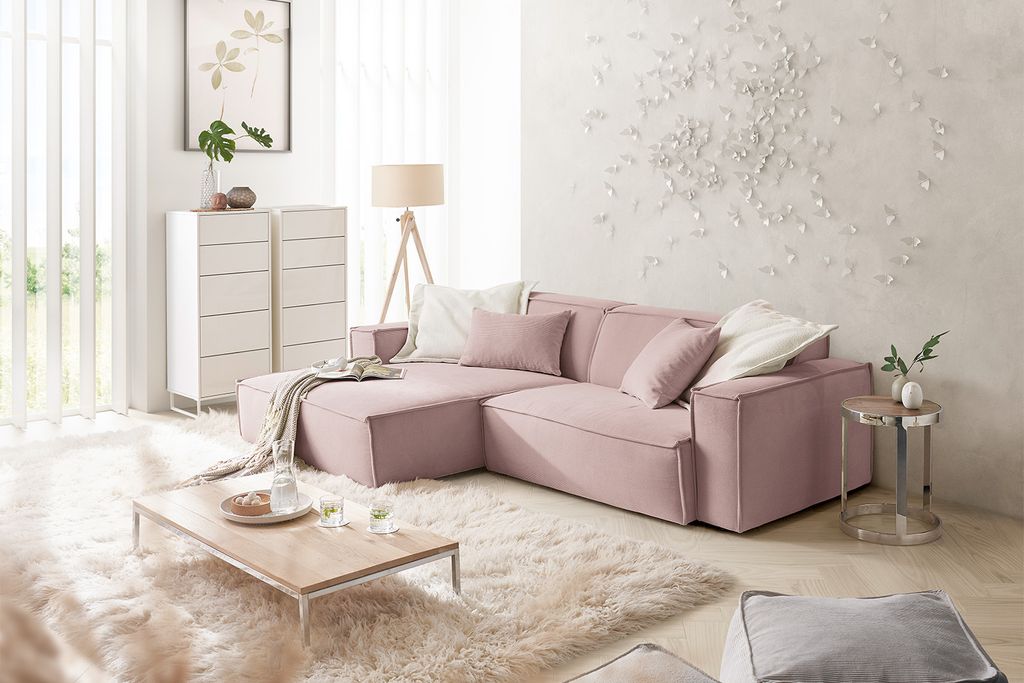 KAWOLA Sofa SAMU Ecksofa Feincord rosa Recamiere links