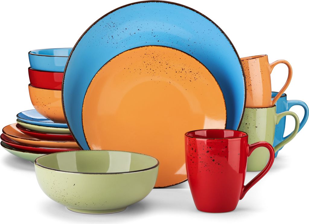 vancasso NAVIA Tafelservice, 16-tlg Kombiservice, Steingut Geschirrset (Rot, Orange, Wasserblau, Grasgrün), Vintage Stil