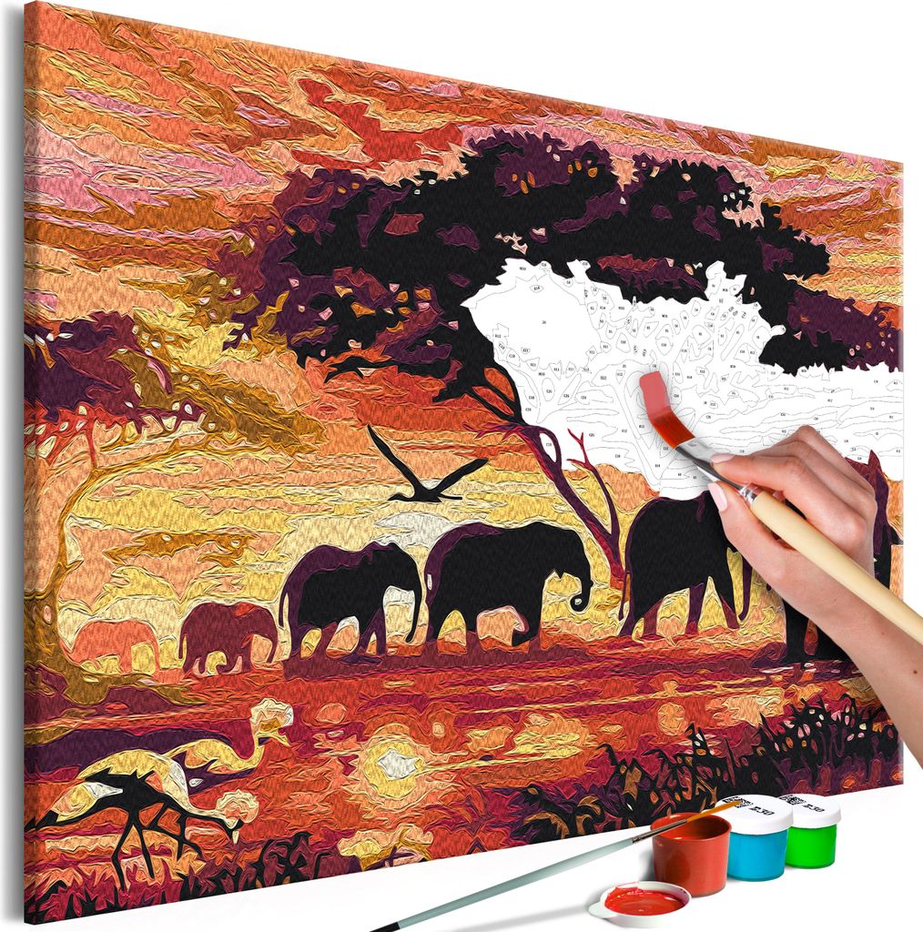 Malen nach Zahlen Tiere Elefant Afrika Savanne 50x40 cm Malset mit Holzrahmen auf Leinwand für Erwachsene Kinder Gemälde Handgemalt Kit DIY