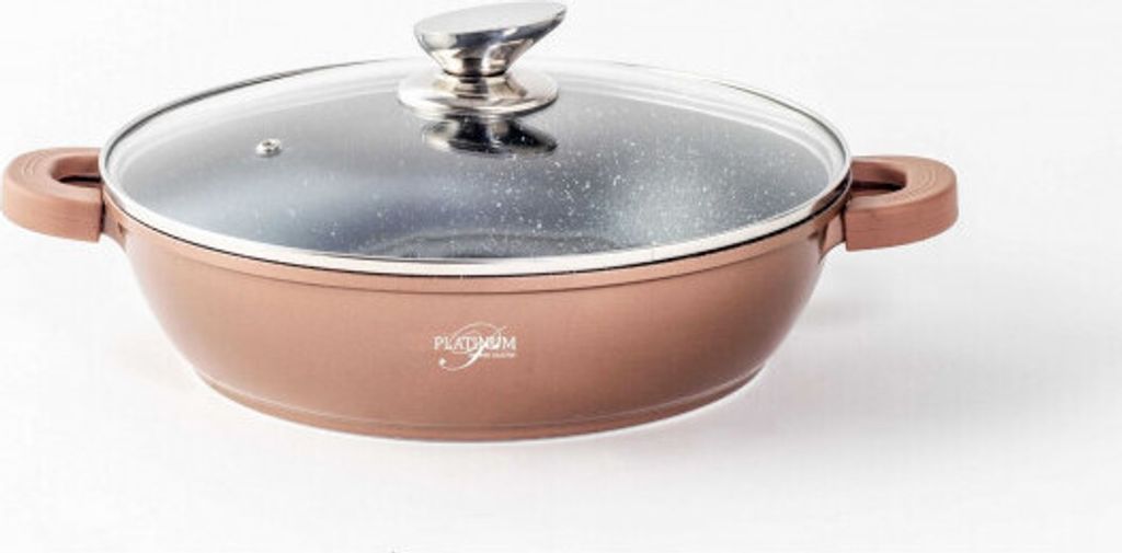 WOK Servierpfanne Schmorpfanne/ Niedrigtopf/ Servierpfanne Kochtopf Induktion Ø28cm Aluguss Topf Pfanne Silikon-Griffe Copper