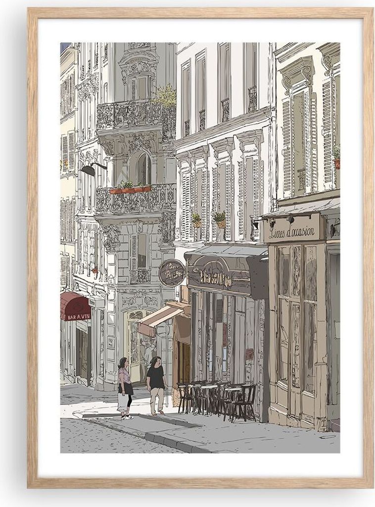 Gerahmtes Poster - Rahmen in heller Eiche - Architektur Zeichnen Montmartre - 50x70 cm - Wand Bild - Wanddeko - Wandbilder - Wandposter - Bilderrah...