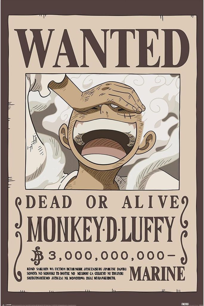 One Piece - "Wanted" bedruckt, Luffy PM12546 (91,5 cm x 61 cm) (Bunt)