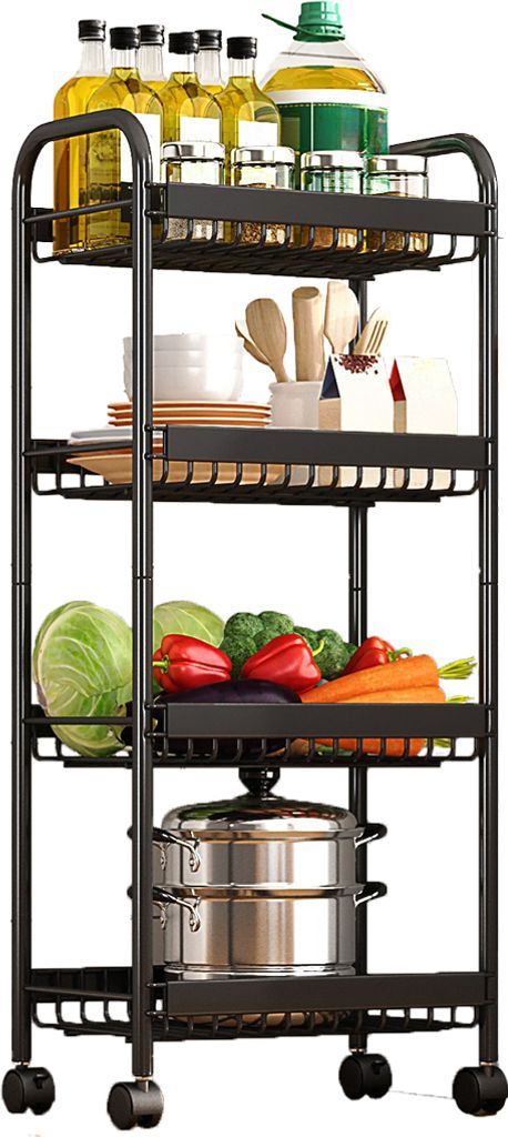 A black metal kitchen cart filled with various items.