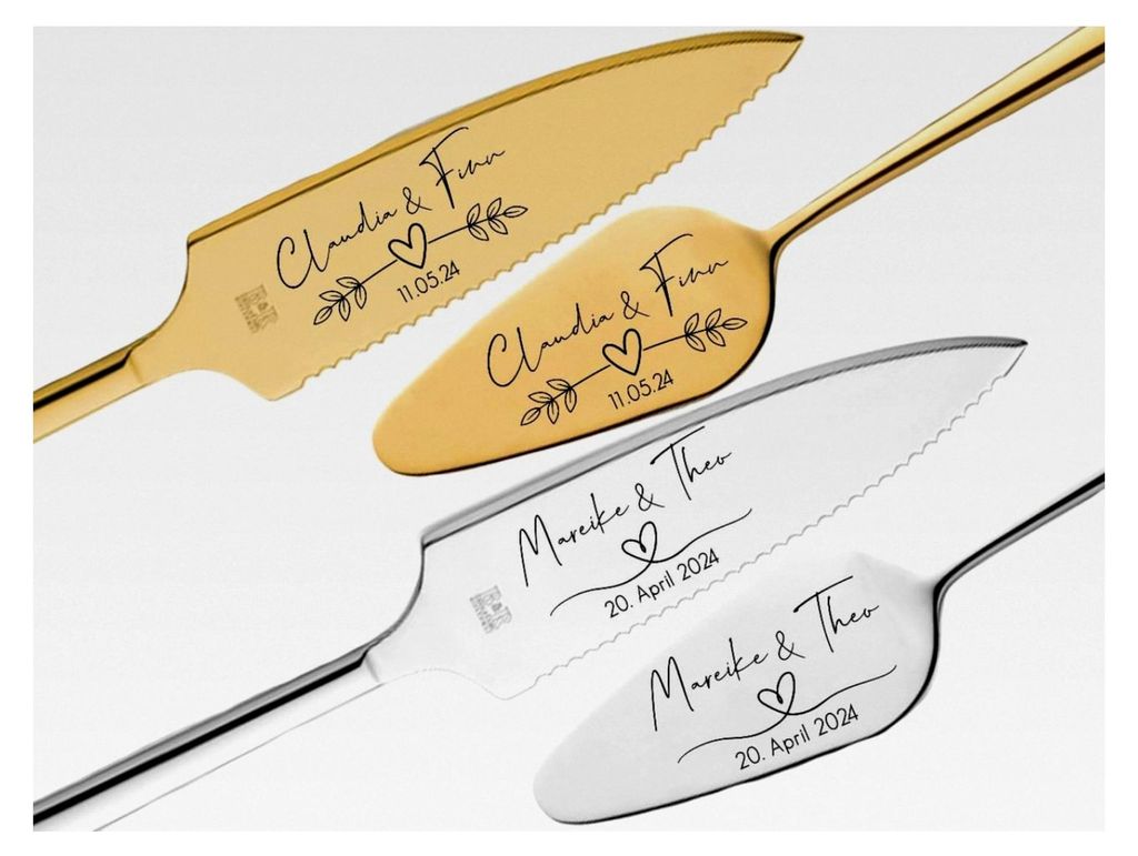 Tortenheber und Tortenmesser im Set personalisiert | Gravur Wunschtext | Geschenk zur Hochzeit | Jahrestag | Namen Herz Gold oder Silber