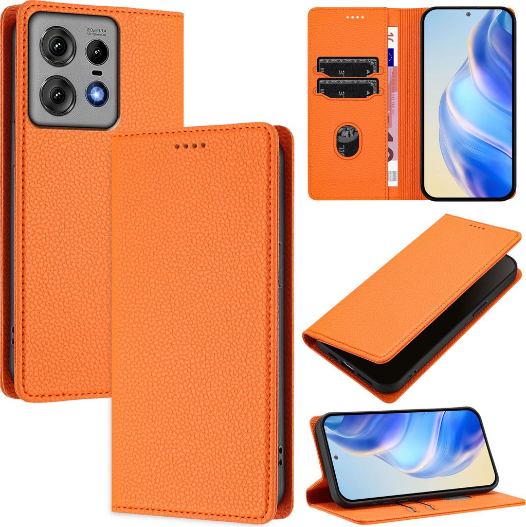 Litchi Leder Handyhülle für Motorola Edge 50 Pro Wallet Kartenfächer Standfunktion Hülle Orange