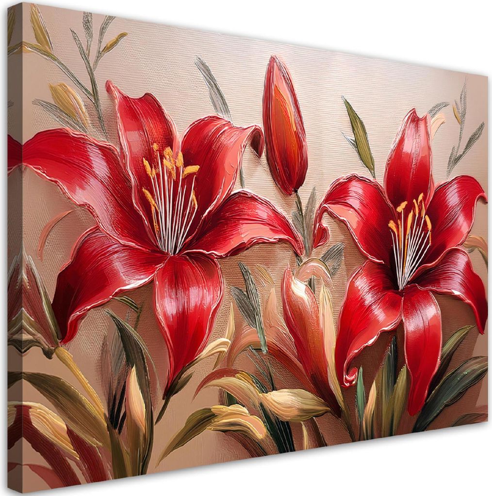 Leinwandbild Rote Lilien Blumen Pflanzen 120x80 Feeby Rot bild für die wand bereit zum aufhängen
