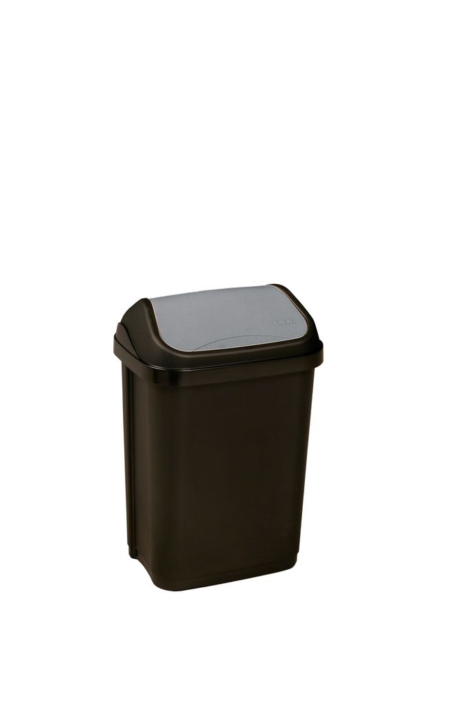 A black trash can with a gray lid is shown against a white background.
