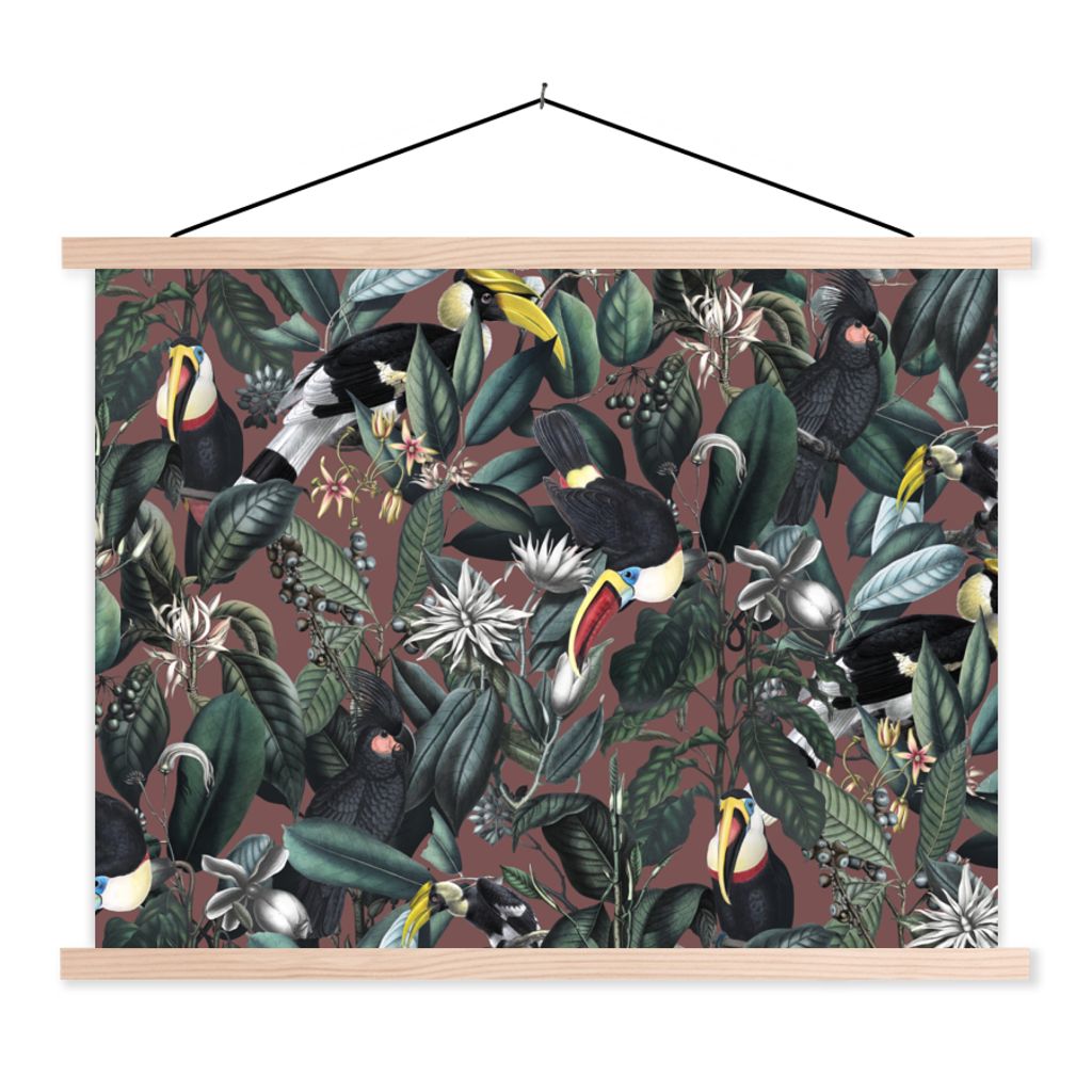 MuchoWow Textilposter Blumen - Tukan - Blätter 40x30 cm mit holzfarbenen Rahmen - Bilder
