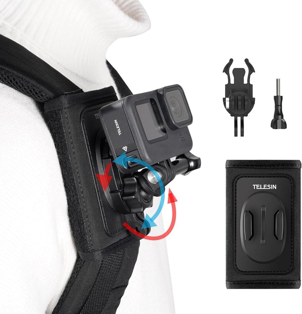Telesin -Rucksack Schultergurt Gopro Hero 13/11/11/10/9/8/7/6/5/4/Max, DJI Osmo Action, Insta360 360 Grad Rotationspad J Hakenhalter