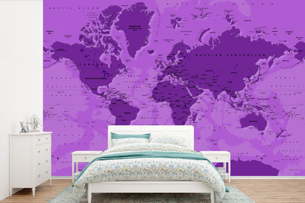 MuchoWow Fototapete für Wohnzimmer oder Schlafzimmer Wandtapete Vinyl Motivtapete Weltkarte - Stabil - Grün - 360x240 cm - Vinyl-Tapete