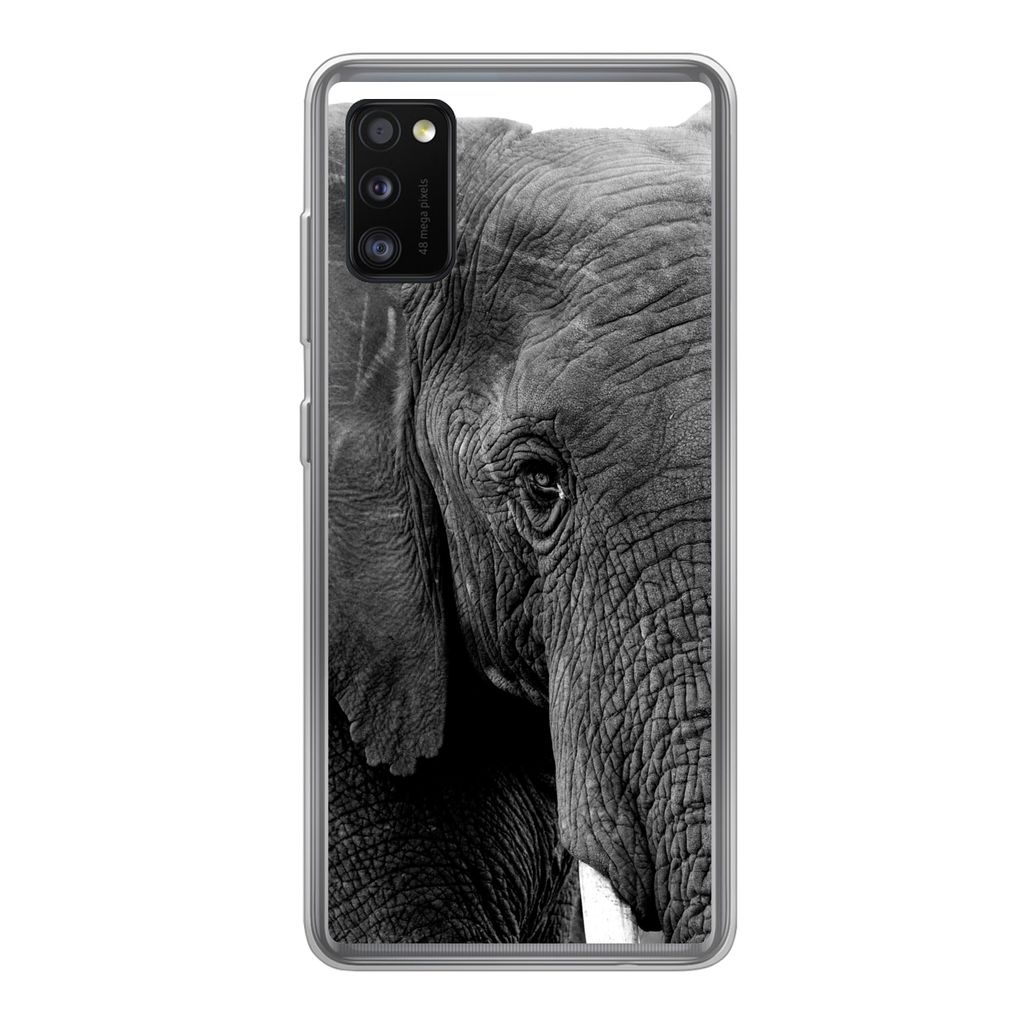 MuchoWow Handyhülle Schutzhülle Hülle für Samsung Galaxy A41 Elefant - Tiere - Schwarz - Weiß - Natur Silikon Softcase Handy Hülle - Mobilt...