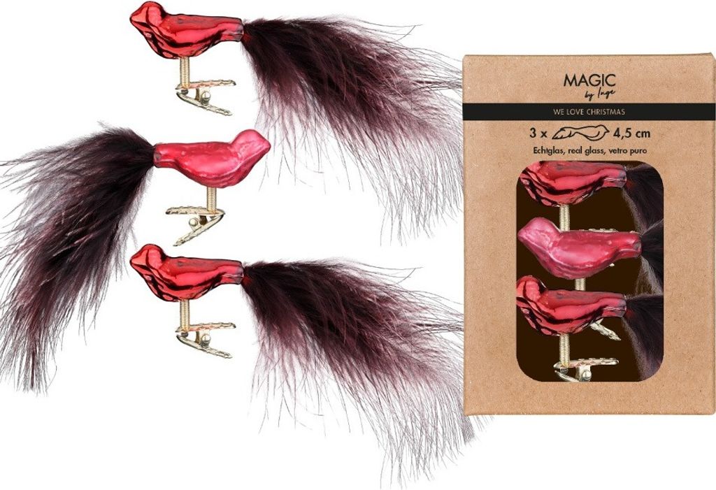 Christbaumschmuck Vögel auf Clip 4,5cm Glas 3er Set - Chianti