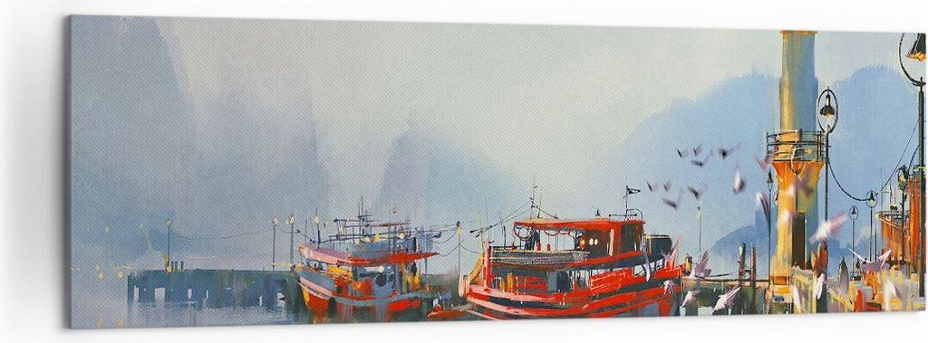 Bild auf Leinwand - Leinwandbild - Hafen Laterne Boot - 160x50cm - Wand Bild - Wanddeko - Leinwanddruck - Bilder - Kunstdruck - Wanddekoration - Le...