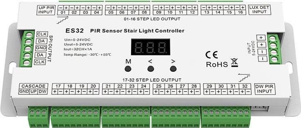 ES32 Treppenbeleuchtungs-Controller mit PIR-Sensor – 32-Kanal LED-Steuerung, 5–24 V DC, automatische Bewegungserkennung