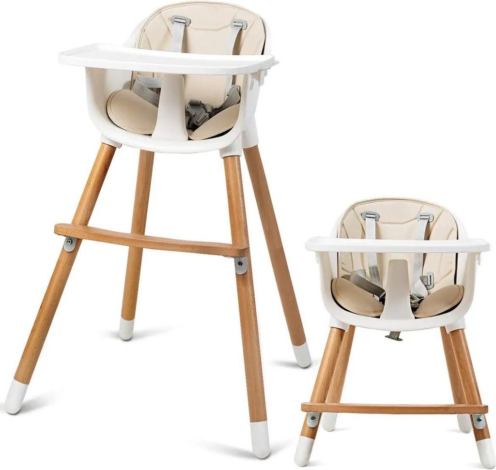 Baby Hochstuhl - 2-in-1 Kinderhochstuhl aus Holz - Verstellbares Tablett - Fußstütze - Für Babys & Kleinkinder - Weiß