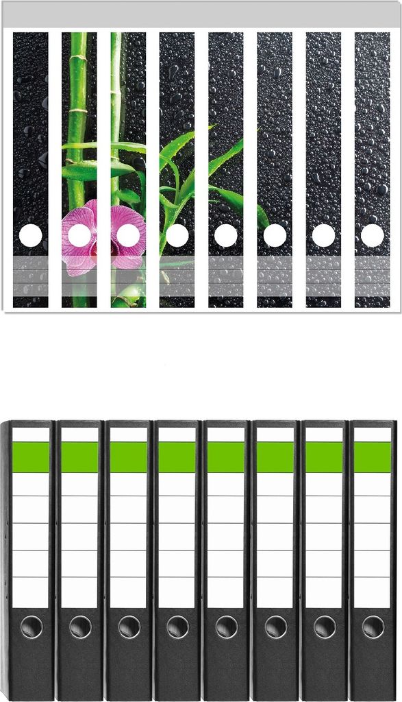 Wallario 8 Stück schmale Ordner inkl. Klebeetiketten mit Motive Bambus und pinke Orchidee auf schwarzem Glas mit Regentropfen - Set mit Rückensc...