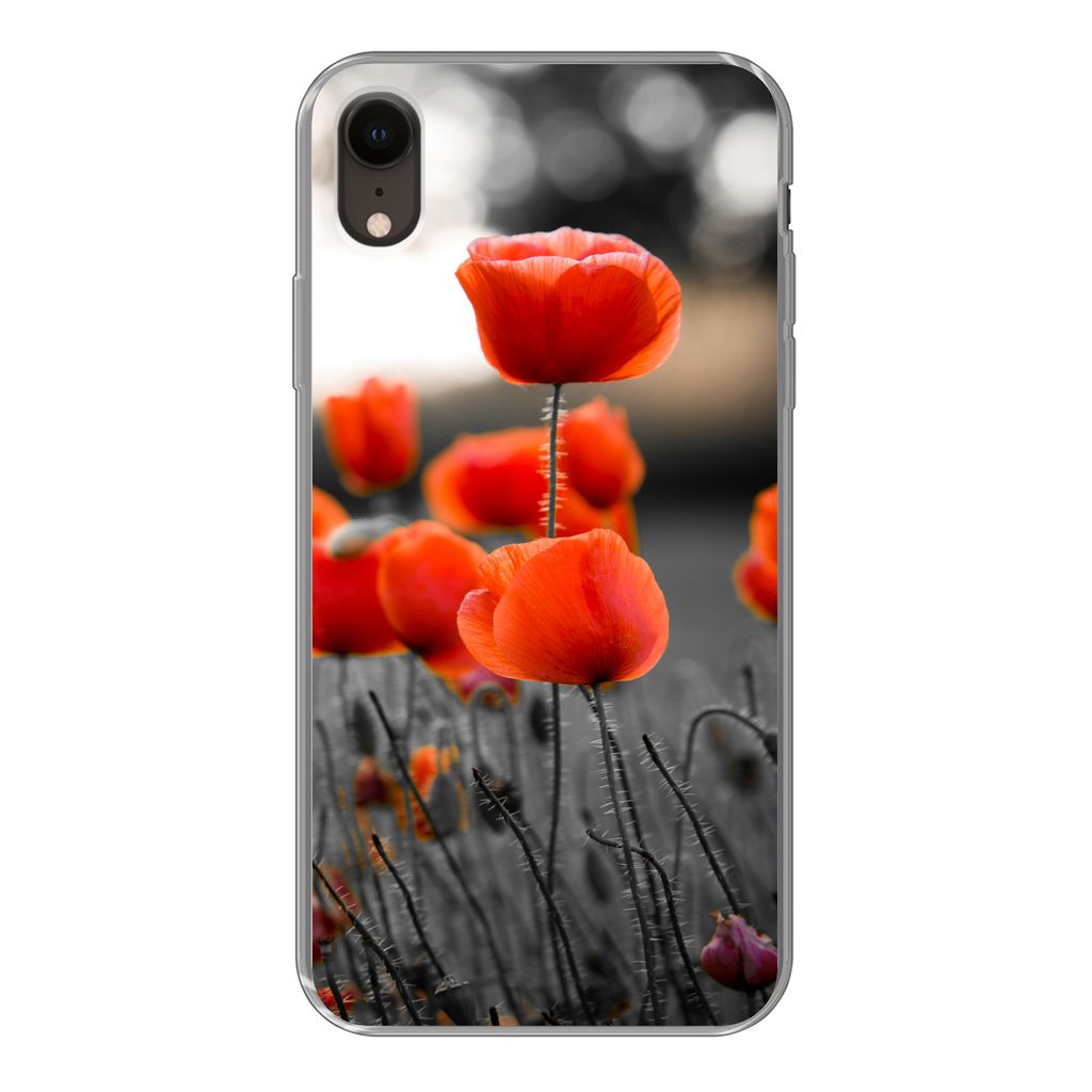 MuchoWow Handyhülle Schutzhülle Hülle für iPhone XR Rote Mohnblumen vor schwarzem und weißem Hintergrund Silikon Softcase Handy Hülle - Sch...
