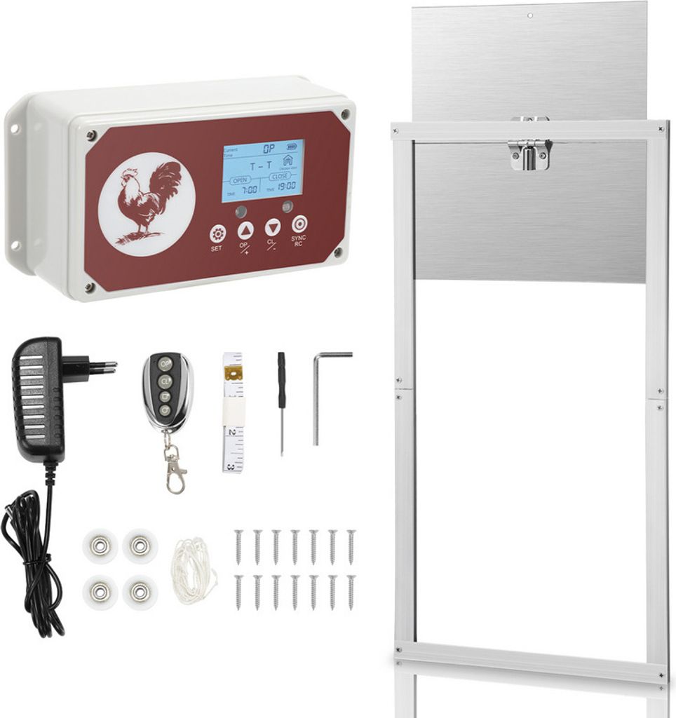 Jayseuw Automatische Hühnerklappe,IP44wasserdicht,aus Alu,mit LCD-Anzeige、Lichtsensor、Fernbedienung und Zeitschaltuhr,batteriebetrieben und Ad...