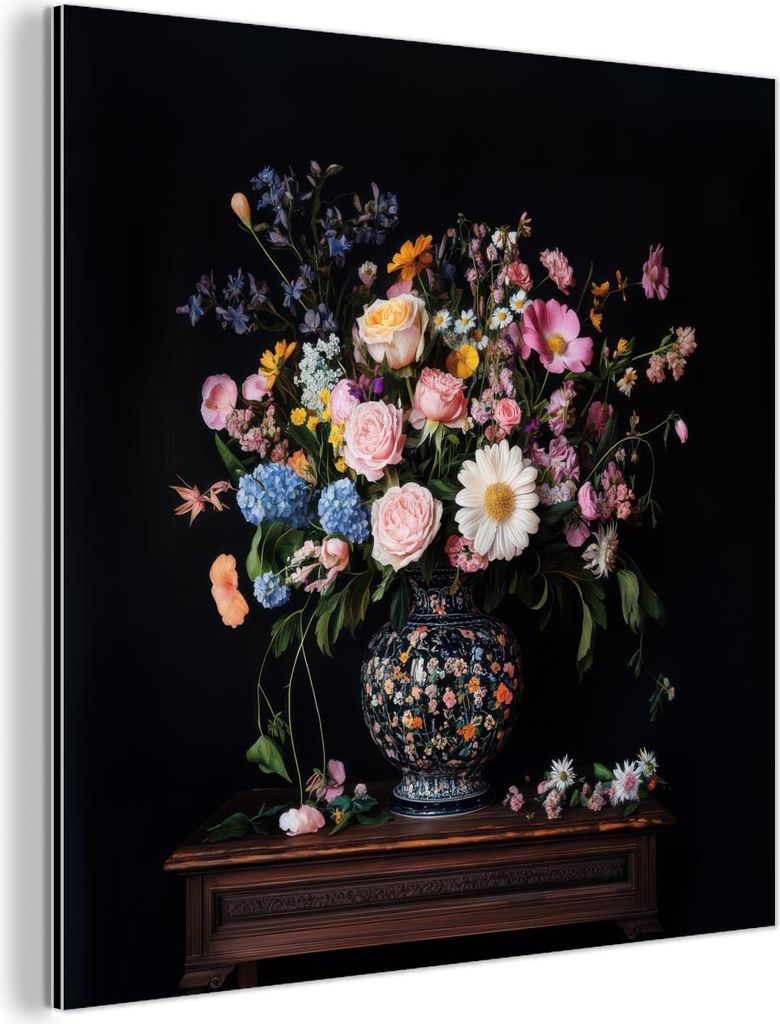 MuchoWow Wanddekoration Metall Metallbild Wandkunst 90x90 cm Blumenvase - Holz - Blumen - Blumenstrauß MuchoWow Aluminium Gemälde - Dekoration - ...