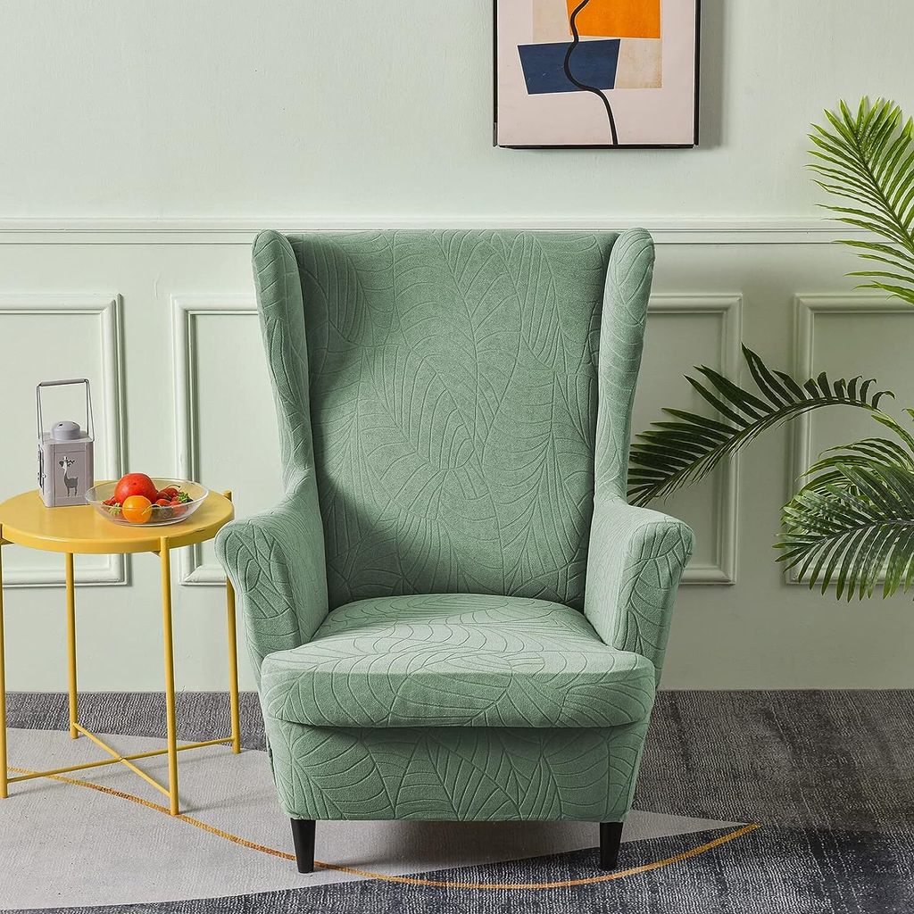 2 Teilig Ohrensessel Überzug Jacquard Sessel-Überwürfe Ohrensessel Schonbezüge Sesselhusse,Grün