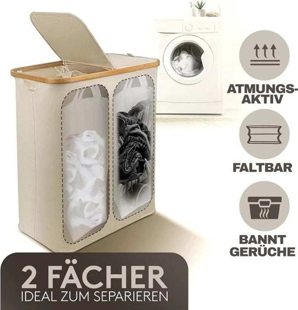 Panier à linge 150L avec couvercle et double trieur de linge en bambou - 7