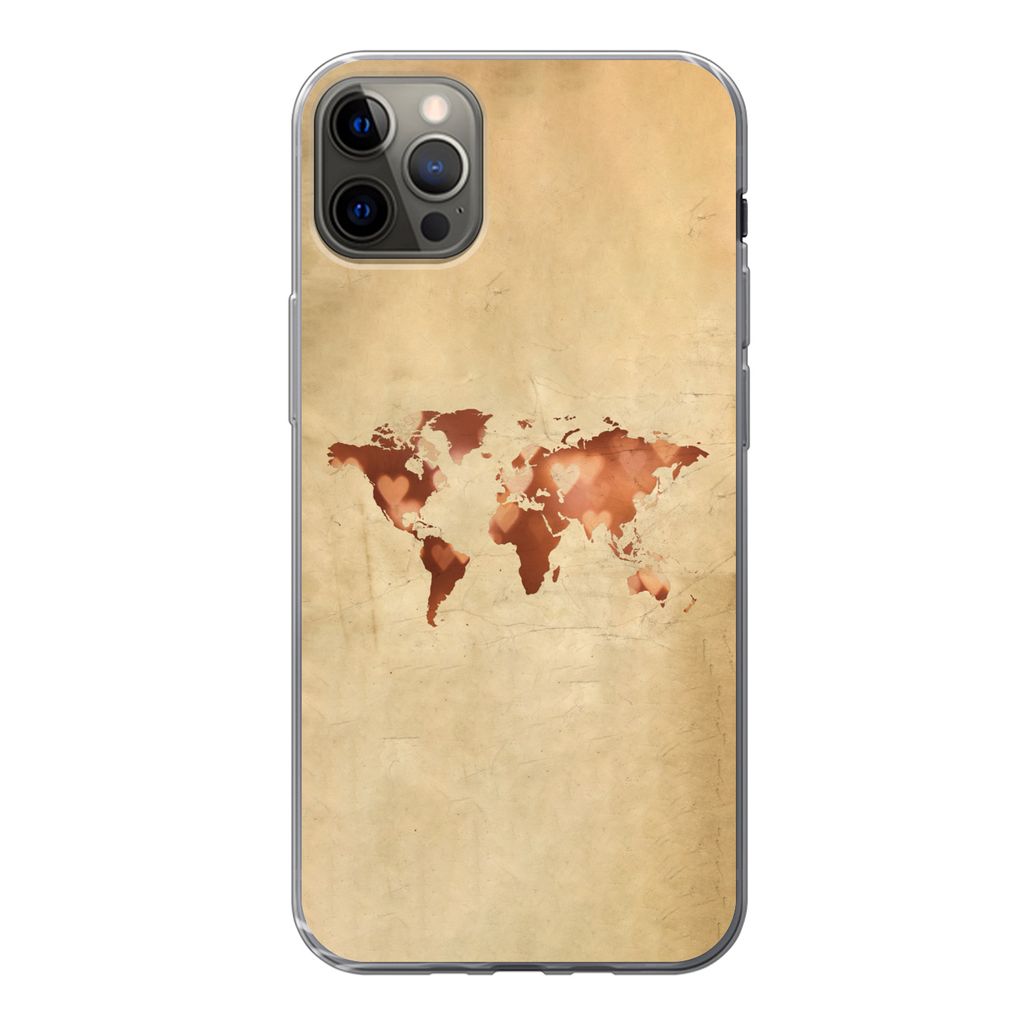 MuchoWow Handyhülle Schutzhülle Hülle für iPhone 13 Pro Max Weltkarte - Herz - Braun Silikon Softcase Handy Hülle - Mobiltelefon