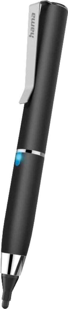 A black stylus pen with a silver clip and tip, and a blue indicator light.