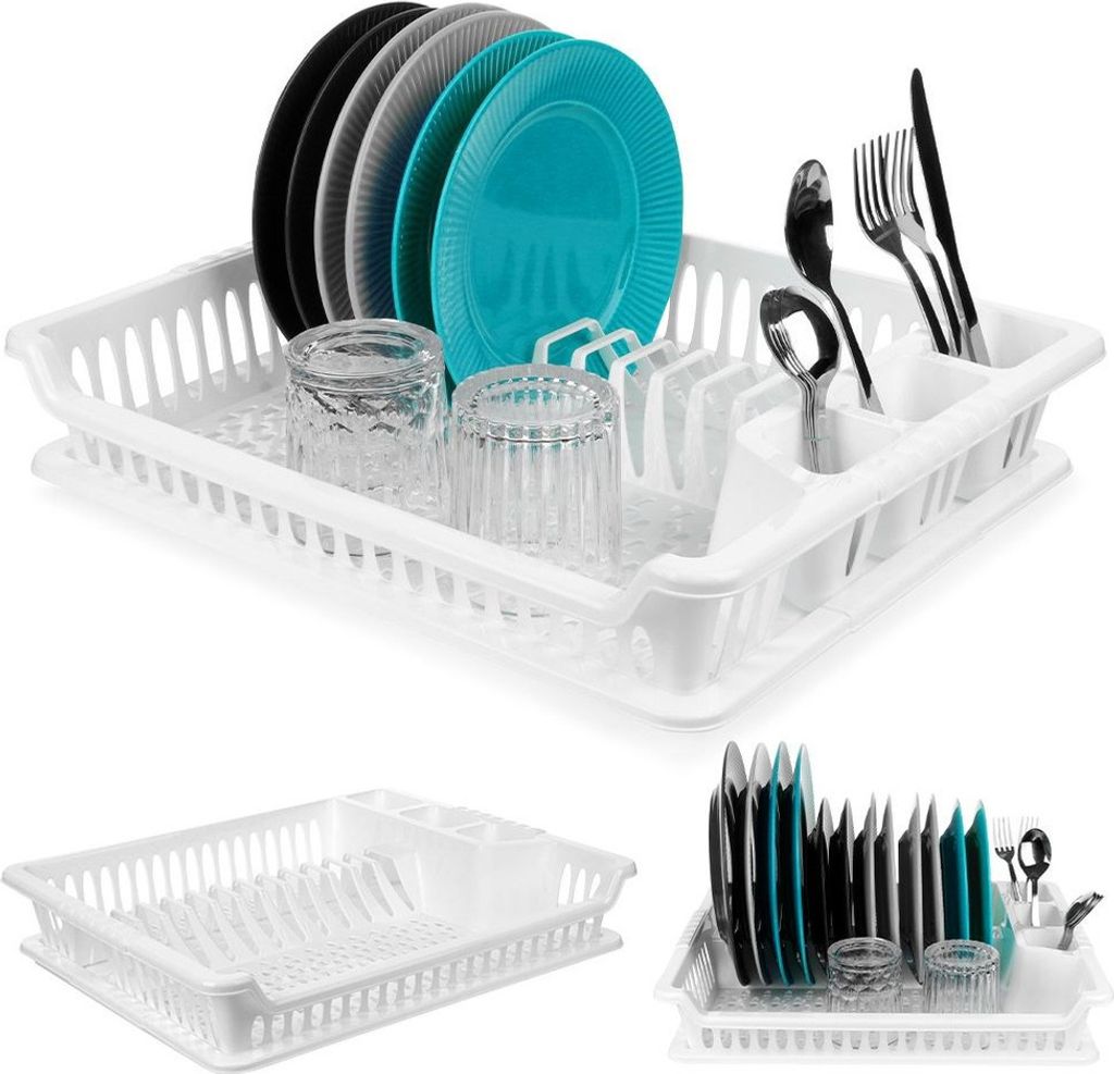 Collage of a white plastic dish rack with dishes, glasses, and cutlery.