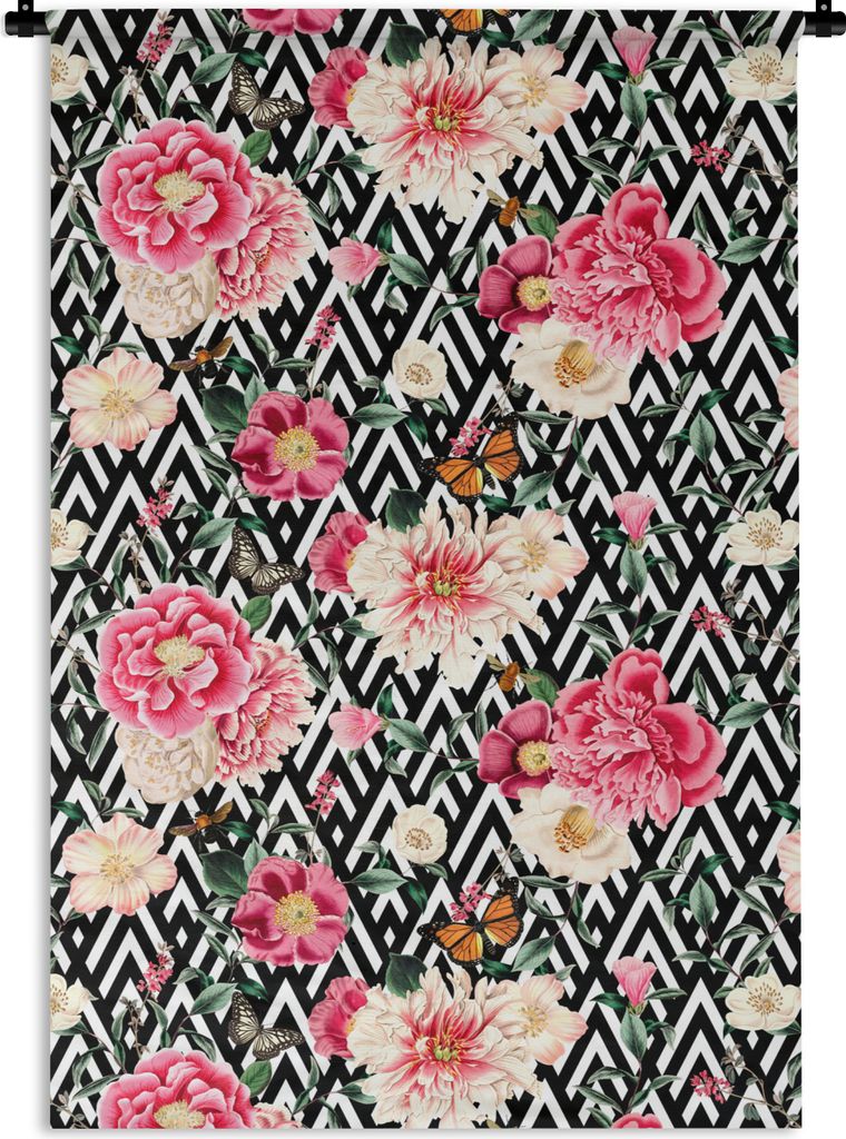 MuchoWow Wandteppich Wandbehang Blumen - Rosa - Schmetterling 60x90 cm Tapisserie Dekoration Wandtuch - Foto-Teppich - Abwaschbar