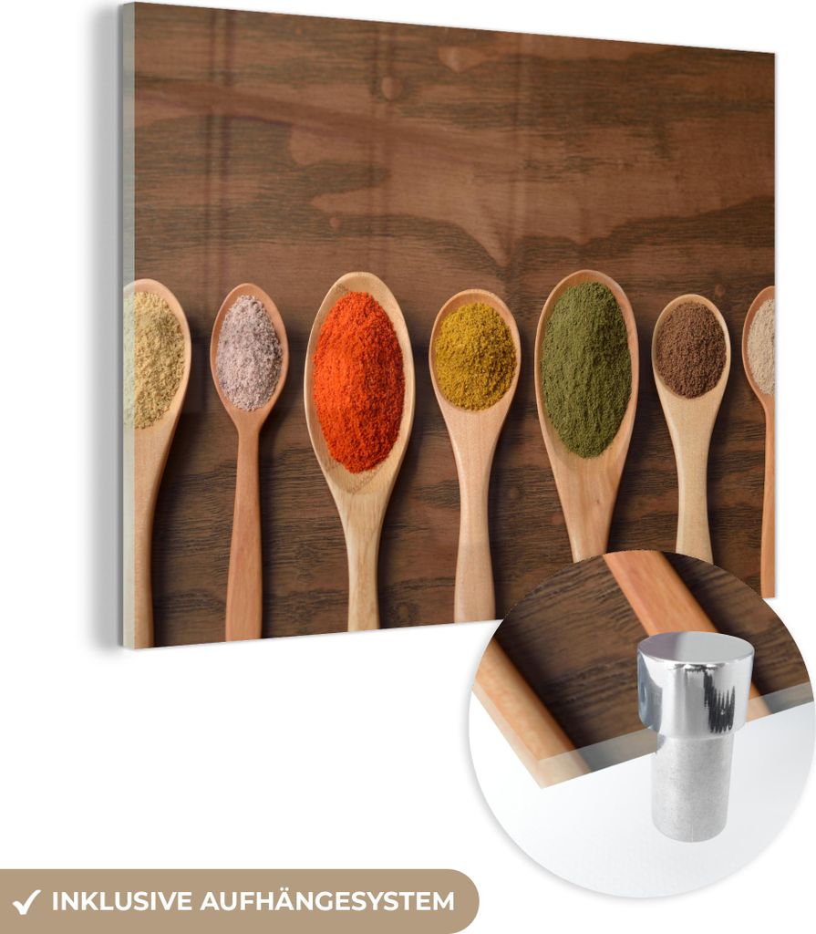 MuchoWow Glasbilder - Bilder auf Wandbild - Foto auf Glas Schöpfkelle - Kräuter - Lebensmittel - Gewürze - Tisch 80x60 cm Wanddekoration aus Gla...