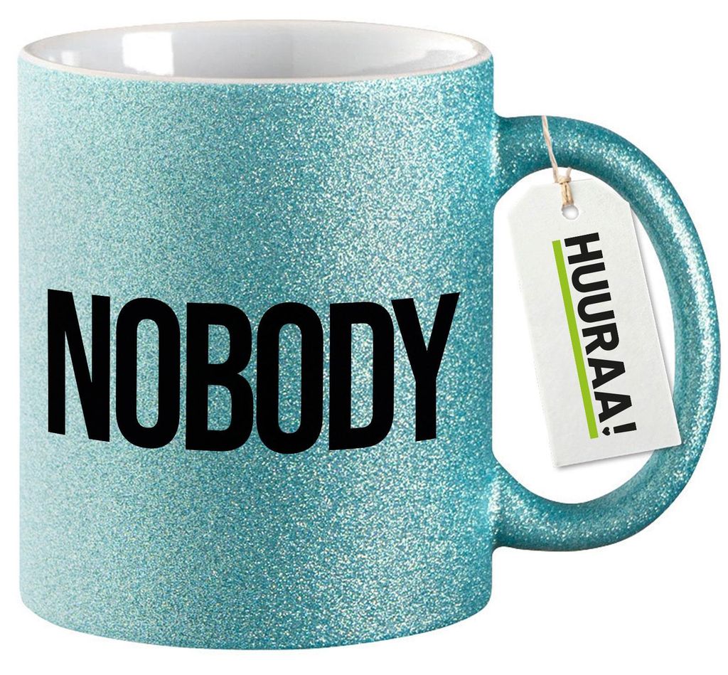 Huuraa Glitzertasse Nobody Schriftzug 330ml Blau Keramik Kaffeebecher Geschenkidee