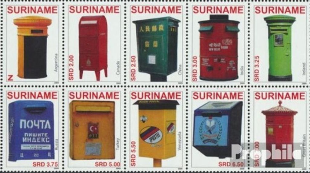 Briefmarken Suriname 2009 Mi 2281-2290 Zehnerblock (kompl.Ausg.) postfrisch Briefkästen