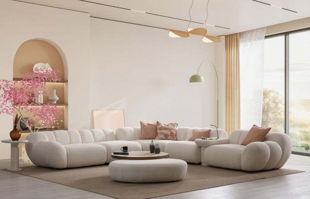Weißes Wohnzimmer Set Hochwertiges Ecksofa Couchtisch Hocker