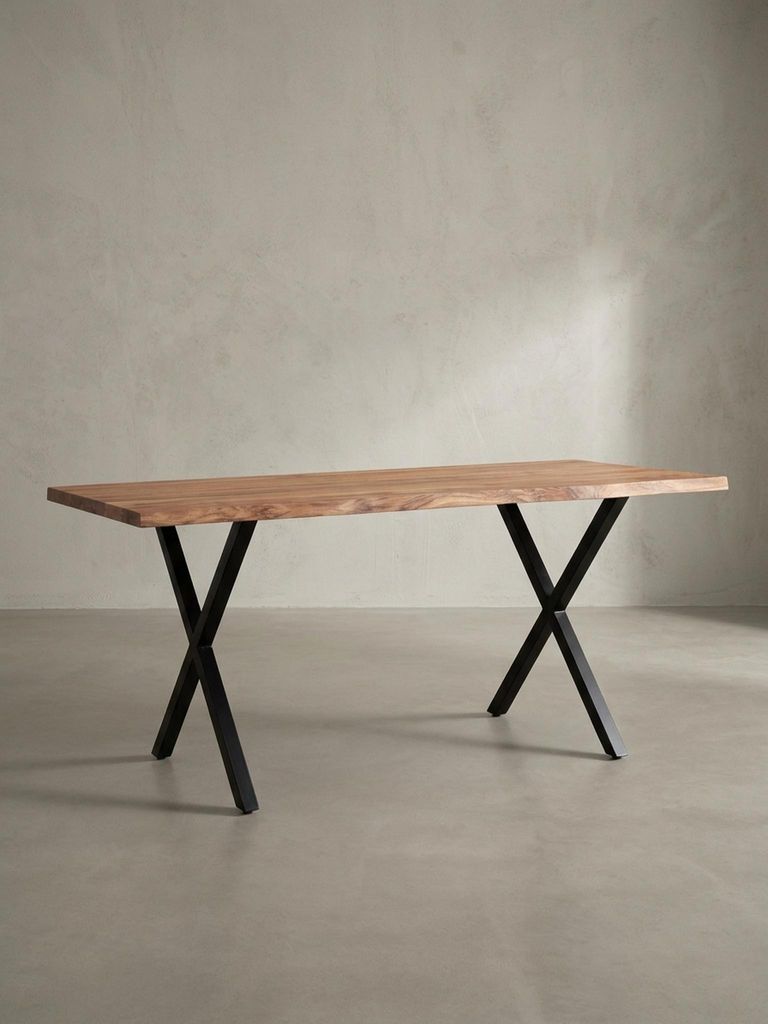 Massivholz Esstisch | Küchentisch mit X-Metallbeinen | Esszimmertisch mit Baumkante | Industrial-Design | Akazienholz Goldbraun 160x80 cm | Kreta ...