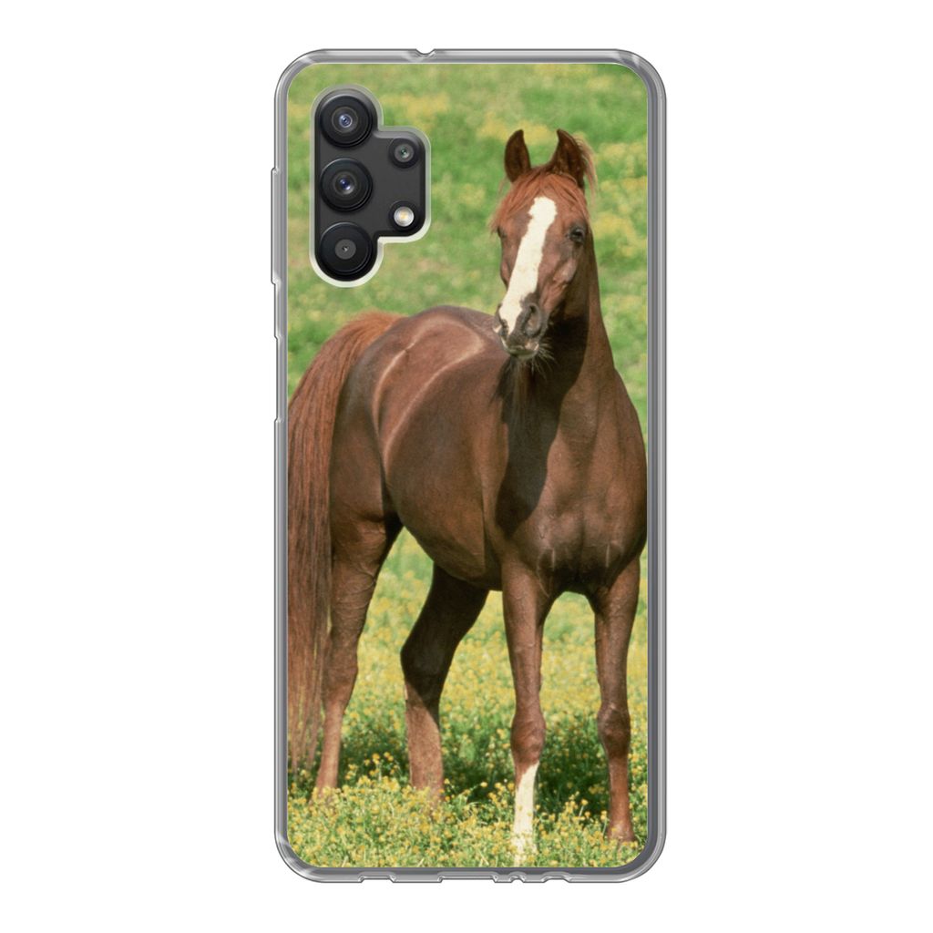 MuchoWow Handyhülle Schutzhülle Hülle für Samsung Galaxy A32 5G Pferde - Gras - Braun Silikon Softcase Handy Hülle - Softcase