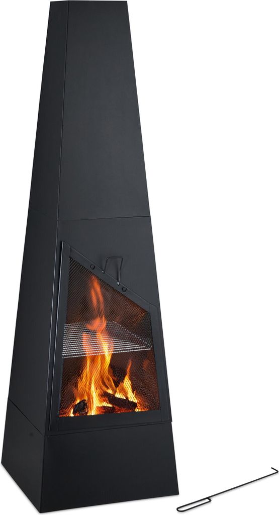 Relaxdays Gartenkamin mit Grillfunktion, HBT: 149x44,5x44,5 cm, Funkenschutz, Aschekasten & Schürhaken, Kamin, schwarz