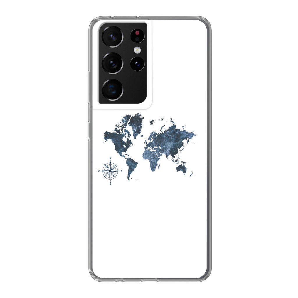 MuchoWow Handyhülle Schutzhülle Hülle für Samsung Galaxy S21 Ultra Weltkarte - blau - Kompass Silikon Softcase Handy Hülle - Mobiltelefon