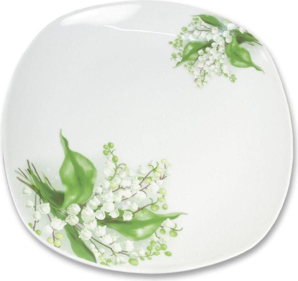 A white plate with a floral pattern of lily of the valley flowers.