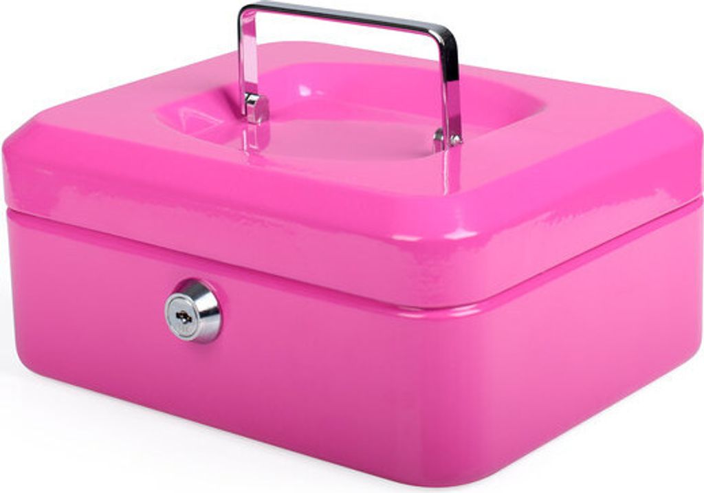 1x Geldkassette aus robustem Stahl mit herausnehmbaren Münzfächern 200 mm rosa