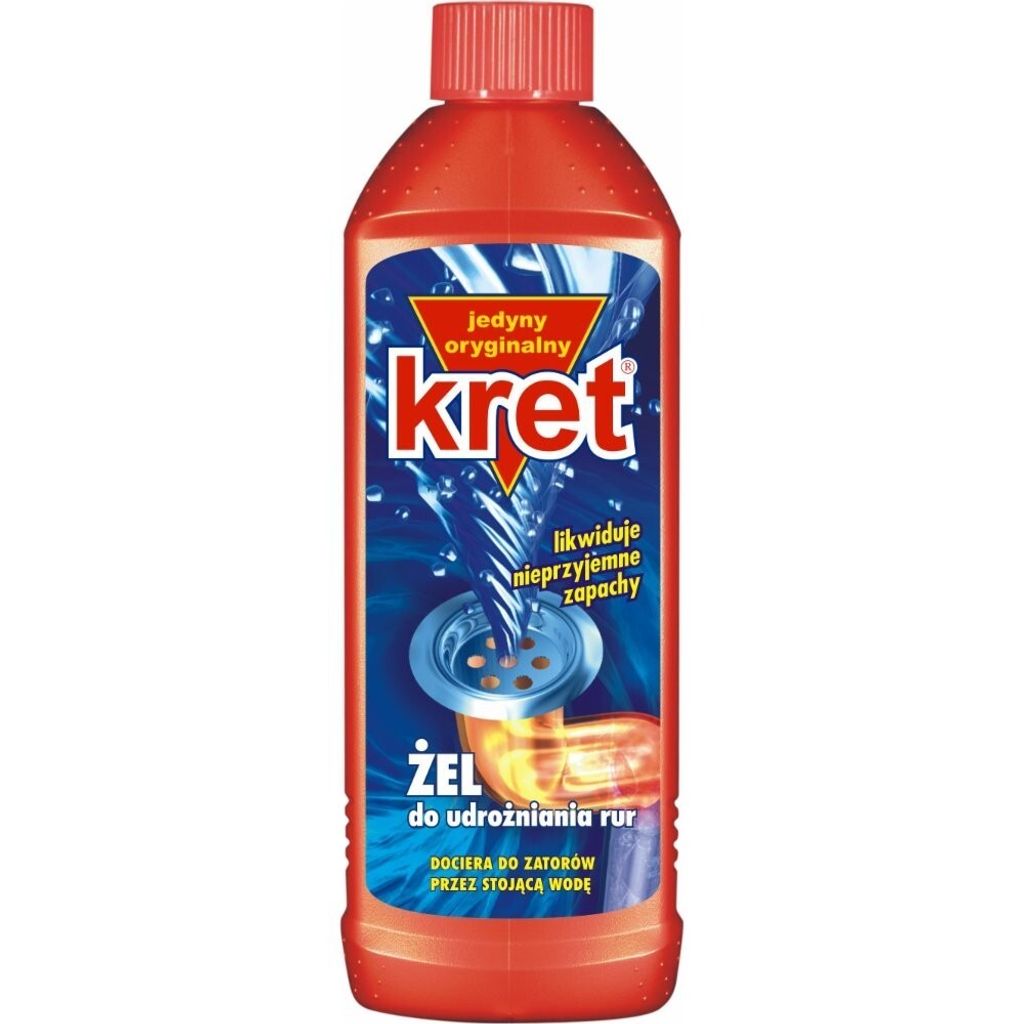 A bottle of drain cleaner with a label showing a swirling drain.