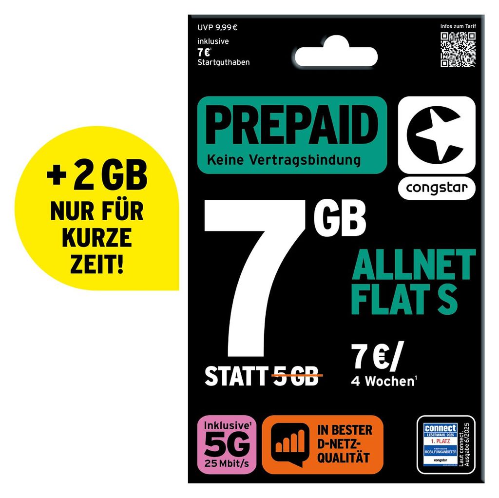 congstar Prepaid Allnet S: 7 statt 5 GB Datenvolumen & Produktbild 