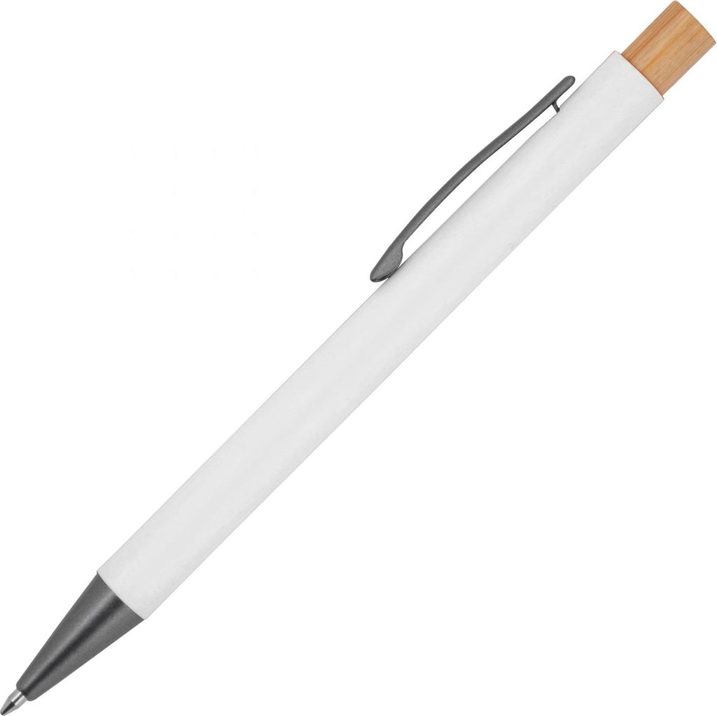 Kugelschreiber aus recyceltem Aluminium mit Bambusdrücker / Farbe: weiß